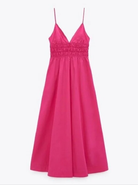 Zara Dresses & Skirts - NWT Zara Hot Pink Spaghetti Strap Poplin Midi Dress M